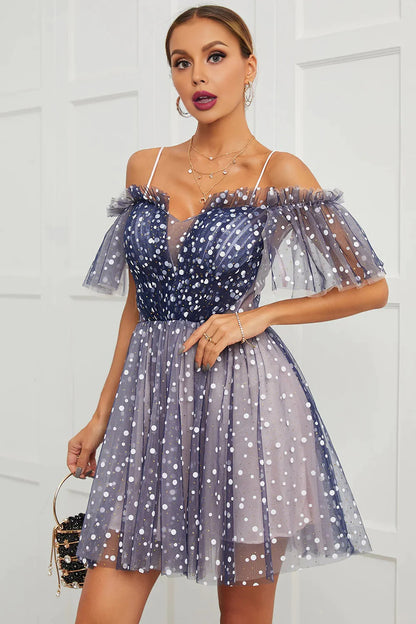 A Line Off the Shoulder Lace up Cute Tulle Homecoming Dresses