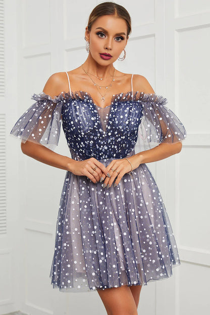 A Line Off the Shoulder Lace up Cute Tulle Homecoming Dresses