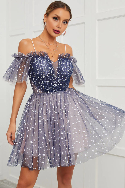 A Line Off the Shoulder Lace up Cute Tulle Homecoming Dresses