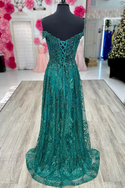 A Line Off the Shoulder Tulle Green Long Applique Prom Dresses With Slit