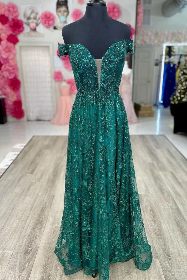 A Line Off the Shoulder Tulle Green Long Applique Prom Dresses With Slit