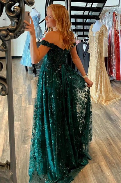 A Line Off the Shoulder Tulle Green Long Applique Prom Dresses With Slit