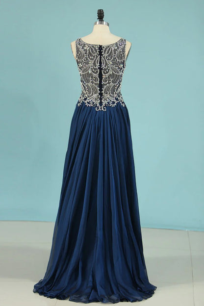 A Line Party Dresses Scoop Chiffon With Beading Sweep Train