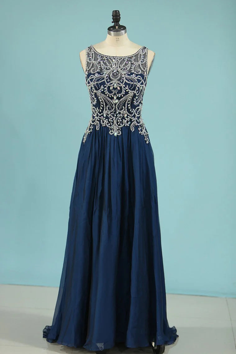 A Line Party Dresses Scoop Chiffon With Beading Sweep Train