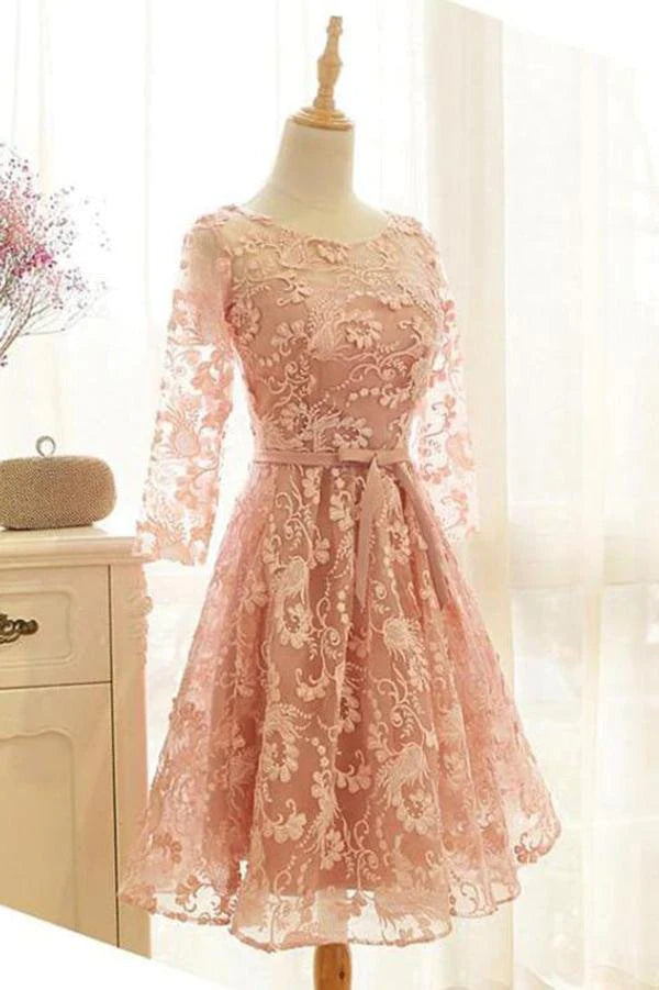 A Line Pink Lace Long Sleeve Open Back Scoop Knee Length Appliques Homecoming Dress