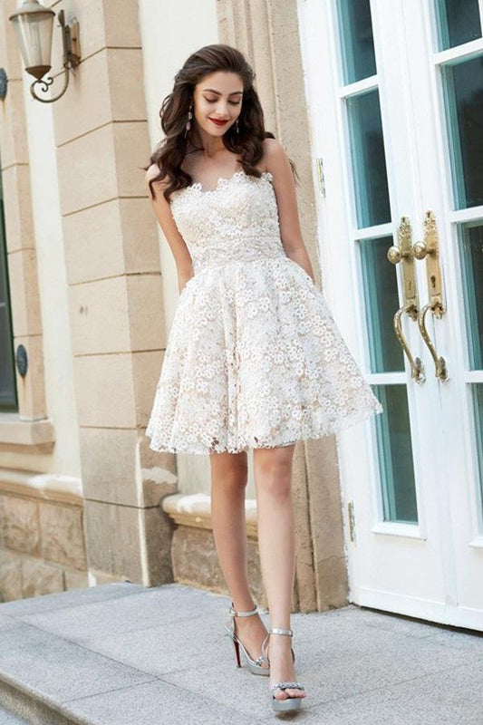 A-Line Princess Sweetheart Sleeveless Rhinestone Short Mini Lace Homecoming Dresses