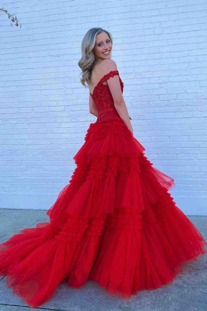 A-Line Princess Tulle Off-the-Shoulder Tiered Prom Dresses