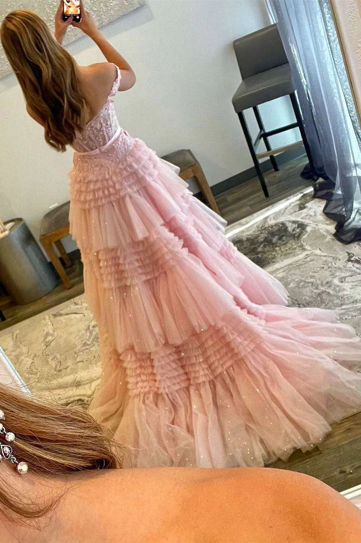 A-Line Princess Tulle Off-the-Shoulder Tiered Prom Dresses