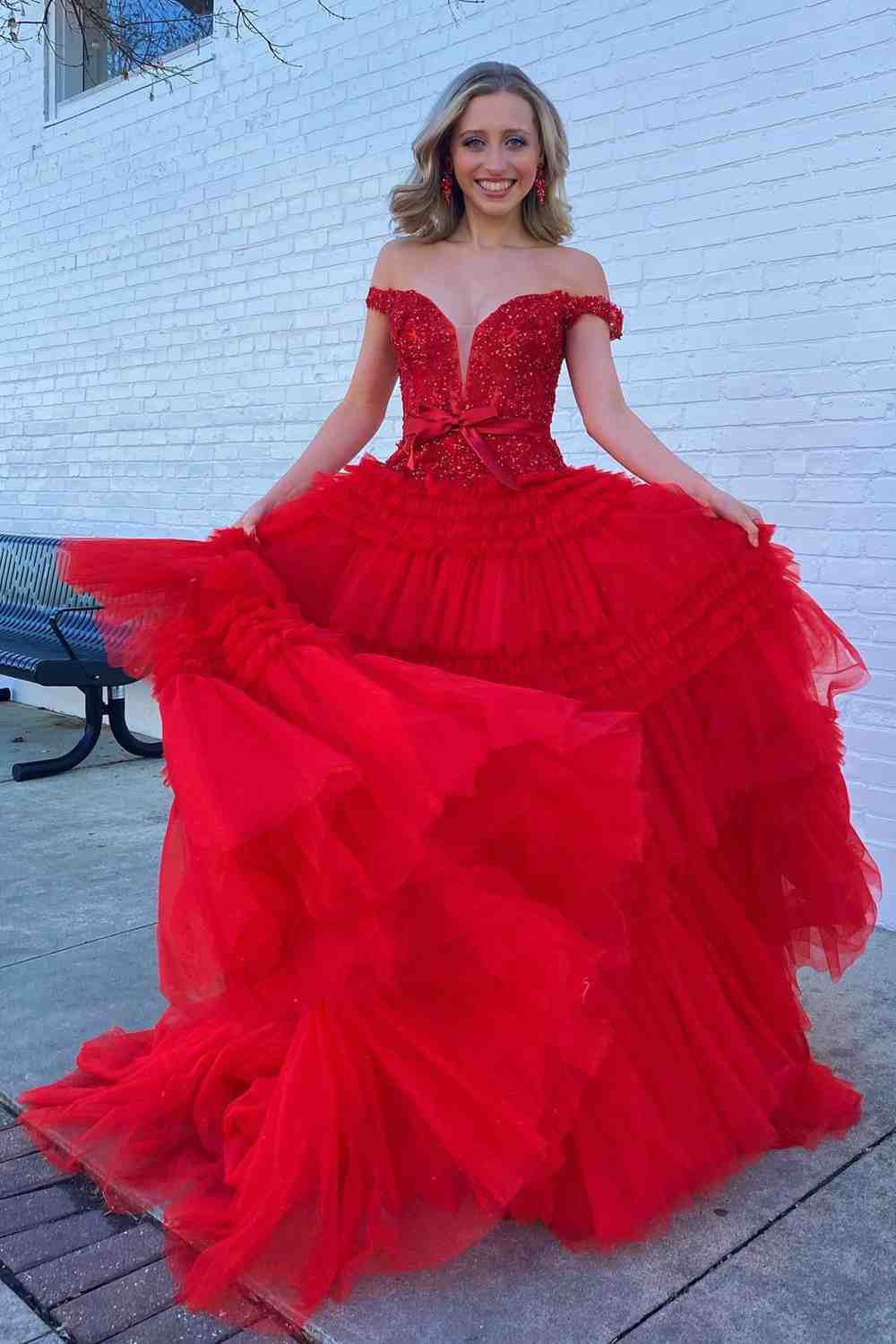 A-Line Princess Tulle Off-the-Shoulder Tiered Prom Dresses