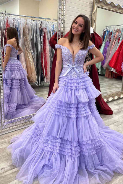 A-Line Princess Tulle Off-the-Shoulder Tiered Prom Dresses