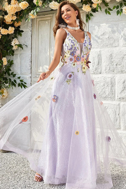 V-Neck Sleeveless Floor-Length Flower Tulle Prom Dresses