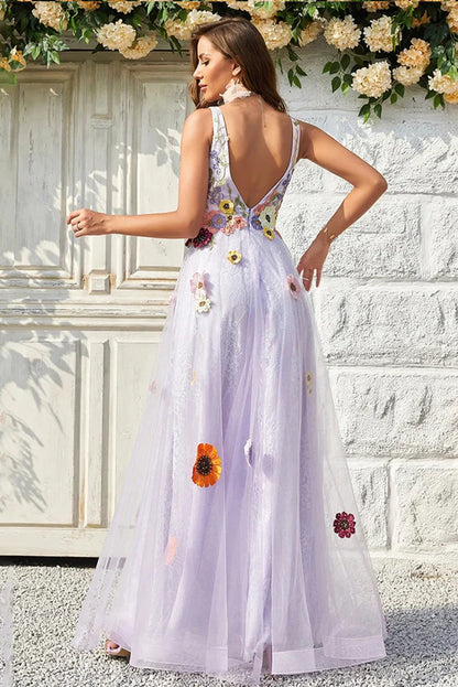 V-Neck Sleeveless Floor-Length Flower Tulle Prom Dresses