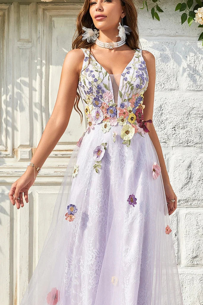 V-Neck Sleeveless Floor-Length Flower Tulle Prom Dresses