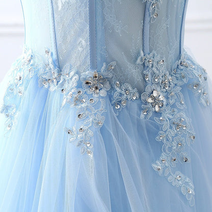 A Line Prom Dresses Sweetheart Tulle With Applique Sweep Train