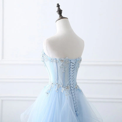 A Line Prom Dresses Sweetheart Tulle With Applique Sweep Train