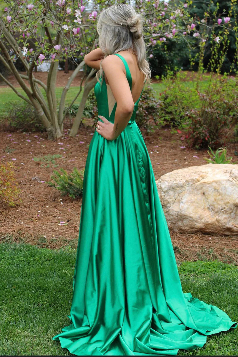 A Line Prom Dresses V Neck Satin Straps Sweep Train Slit