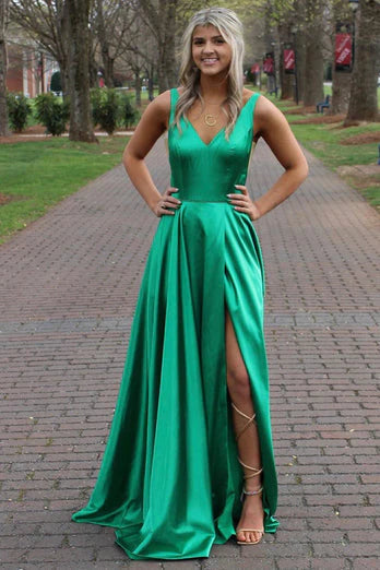 A Line Prom Dresses V Neck Satin Straps Sweep Train Slit