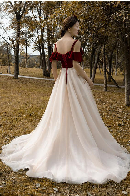 A Line Red Appliques Tulle Long Straps Sleeveless Floor-Length Prom Dresses