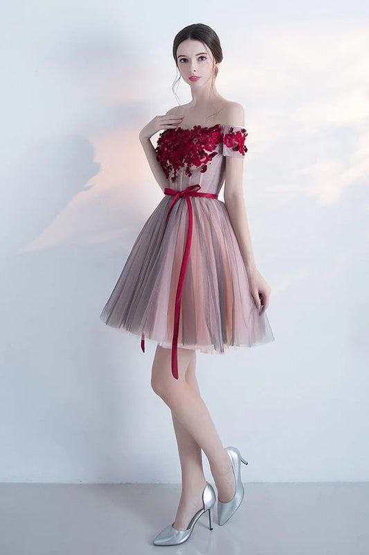 A Line Red Off the Shoulder Above Knee Short Sleeve Flowers Homecoming Dresses