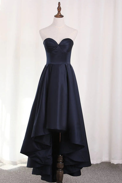 A Line Satin Asymmetrical Sweetheart Party Dresses With Ruffles