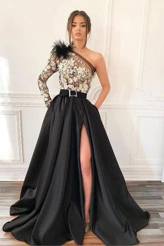 A Line Satin One Shoulder Long Sleeves Split Pockets Prom Dresses With Applique Floor Length