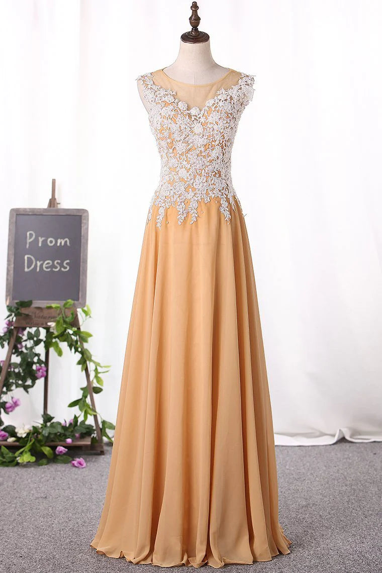 A Line Scoop Party Dresses Chiffon With Applique Floor Length