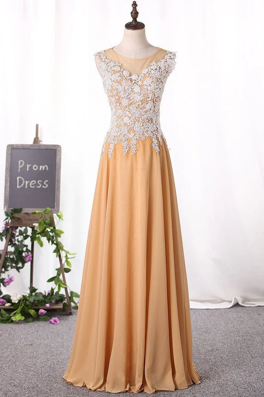 A Line Scoop Party Dresses Chiffon With Applique Floor Length