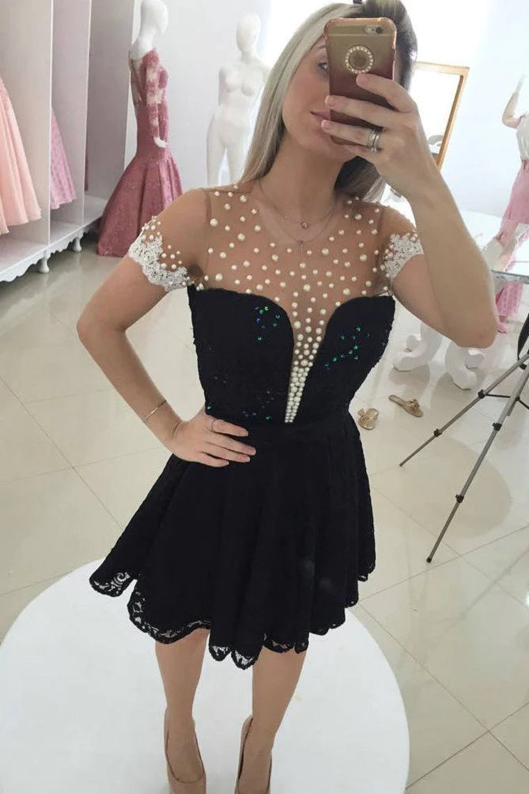 A Line Scoop Short Sleeves Lace With Applique And Beads Homecoming Dresses