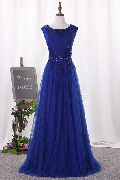 A Line Scoop Tulle With Beading Party Dresses Floor Length