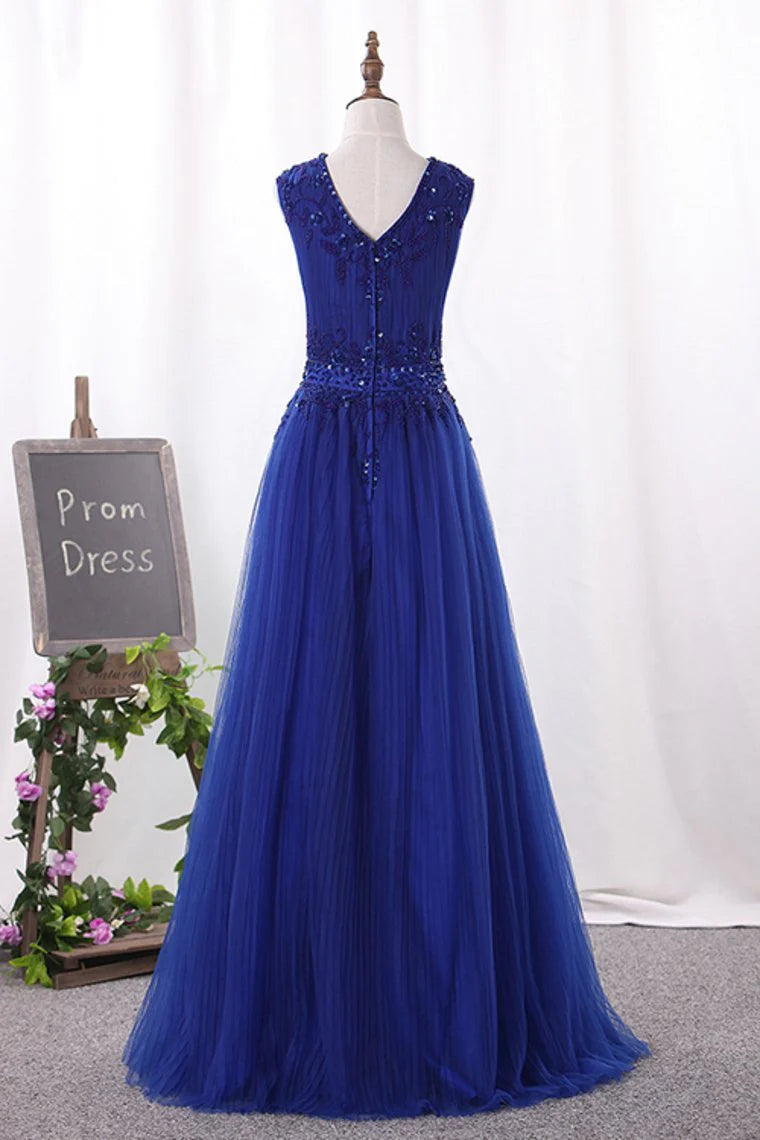 A Line Scoop Tulle With Beading Party Dresses Floor Length