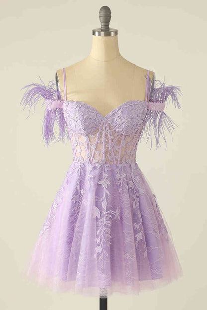 A-Line Short Sexy Homecoming Dress With Appliques & Feather