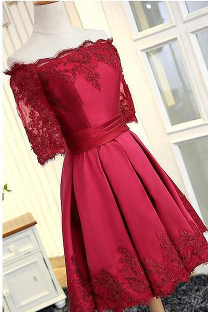 A Line Short Sleeves Satin Lace Appliques Lace up Scoop Short Cocktail Dress Homecoming Dresses