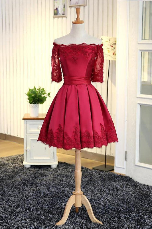 A Line Short Sleeves Satin Lace Appliques Lace up Scoop Short Cocktail Dress Homecoming Dresses