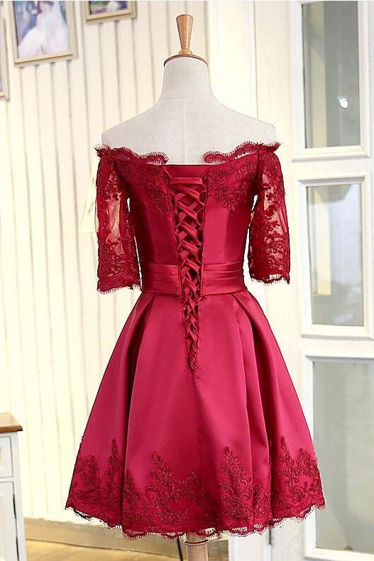 A Line Short Sleeves Satin Lace Appliques Lace up Scoop Short Cocktail Dress Homecoming Dresses