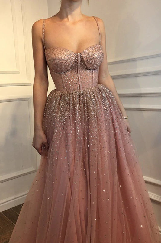 A-Line Sleeveless Spaghetti Straps Floor-Length Rhinestone Tulle Dresses Evening Dress