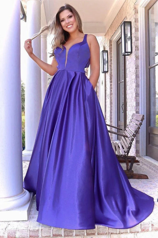 V Neck Satin With Bowknot Sexy Floor Length Prom Dresses