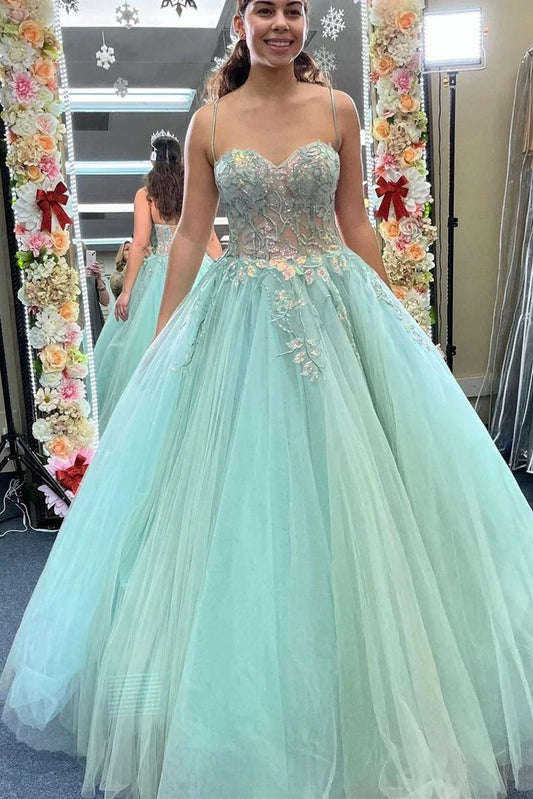 A Line Spaghetti Strap Sage Tulle Prom Dresses Floral Embroidery Formal Dresses