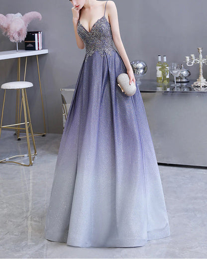 A Line Spaghetti Strap V Neck Sequin Beads Floor Length Prom Dresses With Lace Applique