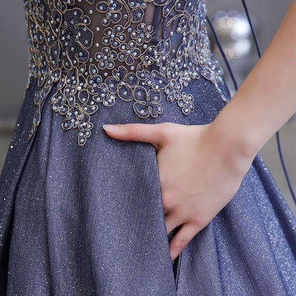 A Line Spaghetti Strap V Neck Sequin Beads Floor Length Prom Dresses With Lace Applique