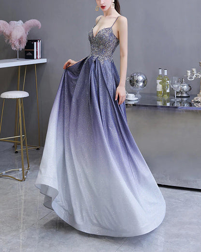 A Line Spaghetti Strap V Neck Sequin Beads Floor Length Prom Dresses With Lace Applique