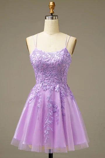 A Line Spaghetti Straps Homecoming Dresses with Appliques Short Cocktail Dresses