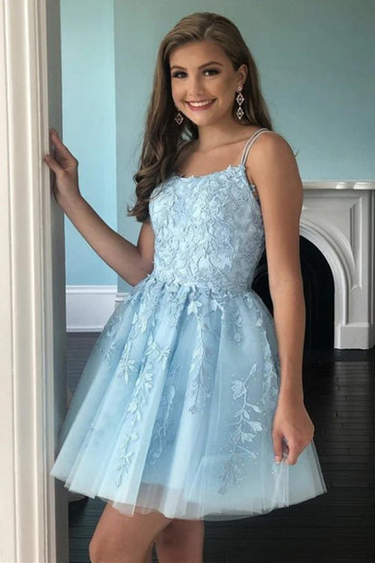 A Line Spaghetti Straps Homecoming Dresses with Appliques Short Cocktail Dresses