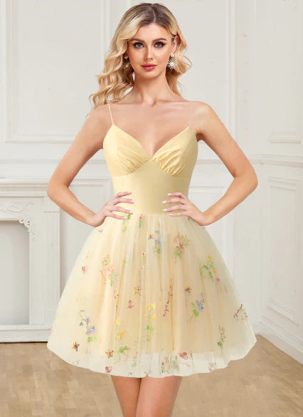 A-Line Spaghetti Straps Short Homecoming Dress Embroidery