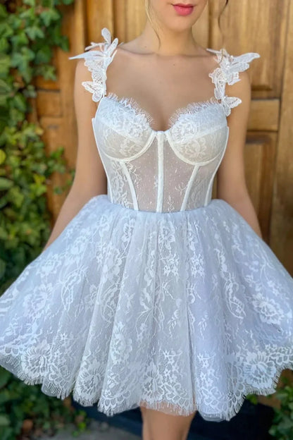 A-Line Spaghetti Straps Sweetheart Above Length Lace Homecoming Dresses