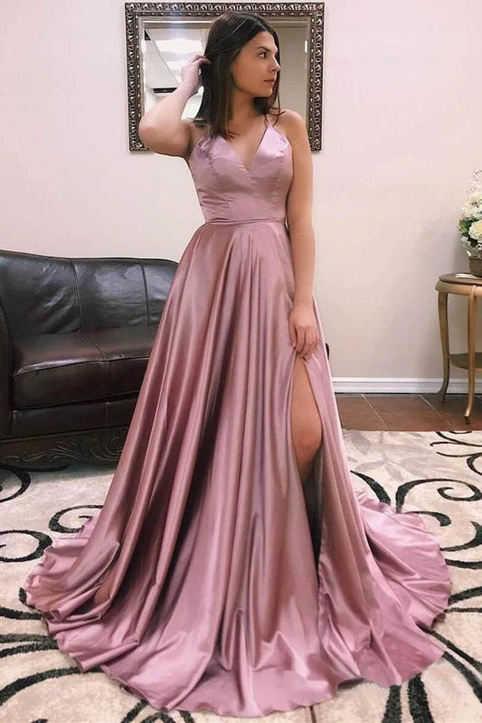 A Line Spaghetti Straps V Neck Satin Lace up Dusty Rose High Slit Prom Dresses Long Evening Dresses