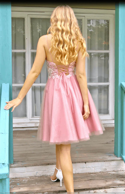 A Line Spaghetti Straps V Neck Sleeveless Applique Tulle Homecoming Dress