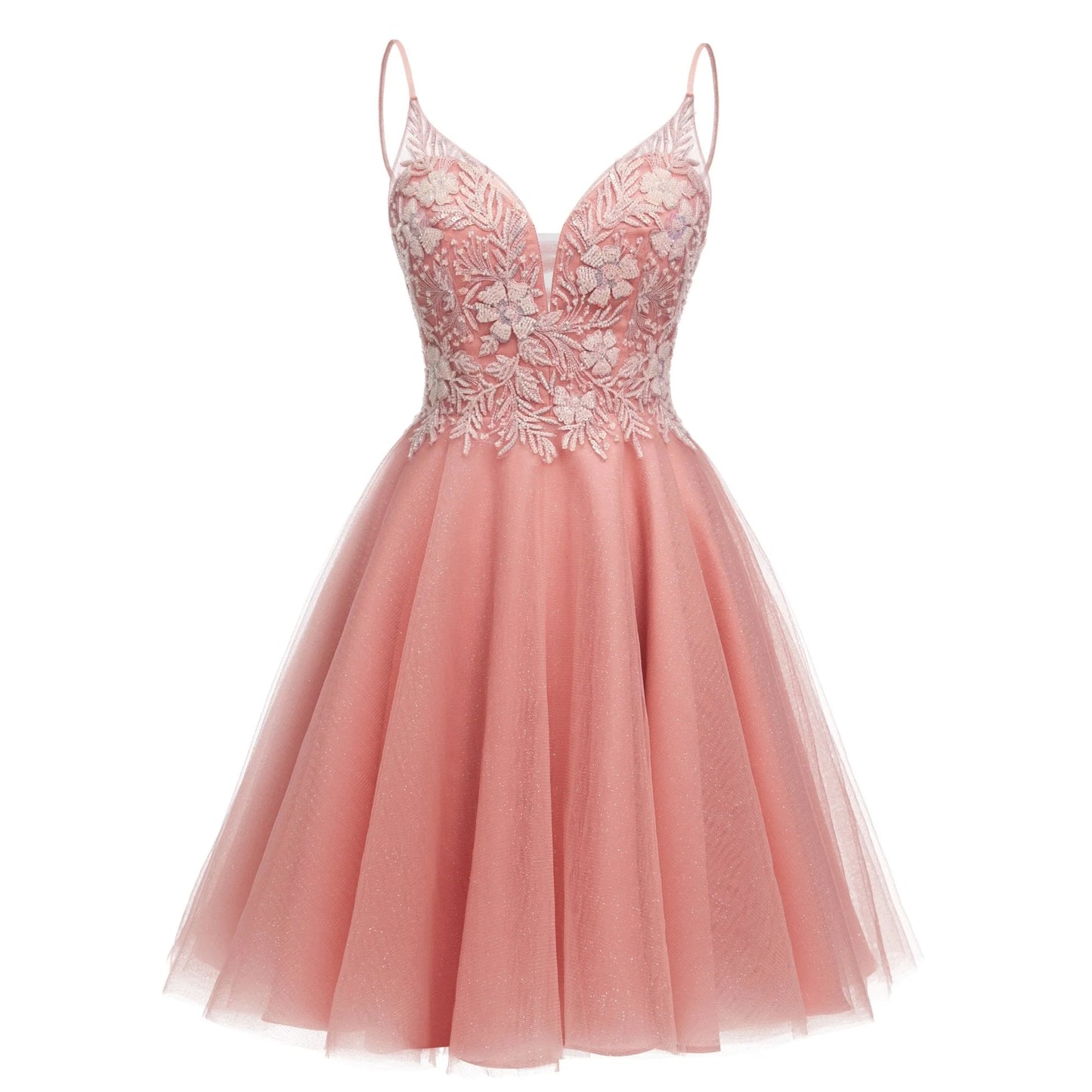 A Line Spaghetti Straps V Neck Sleeveless Applique Tulle Homecoming Dress