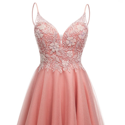 A Line Spaghetti Straps V Neck Sleeveless Applique Tulle Homecoming Dress