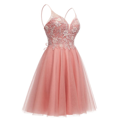 A Line Spaghetti Straps V Neck Sleeveless Applique Tulle Homecoming Dress