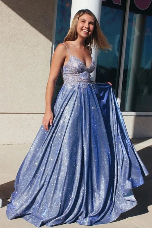 A Line Spaghetti Straps With Applique Sweep Train Prom Dresses